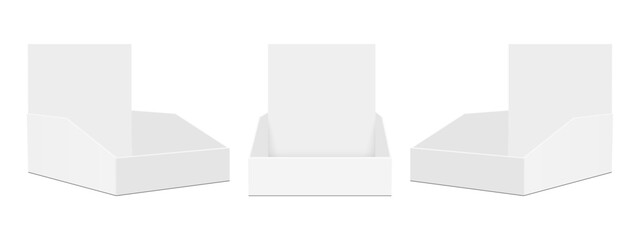 Triangular Display Boxes, Front And Side View, Isolated On White Background. Vector Illustration