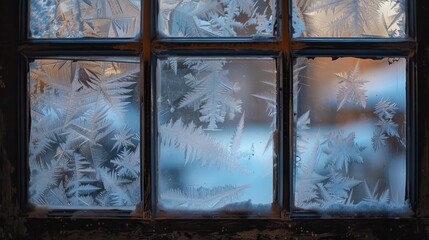Winter morning view through frost-covered window panes, showcasing beautiful and intricate icy artwork that captures the serene and tranquil essence of the season.