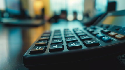 An artistic image of a digital calculator's keypad set against a softly blurred background, emphasizing the device's sleek design and practical functionality.