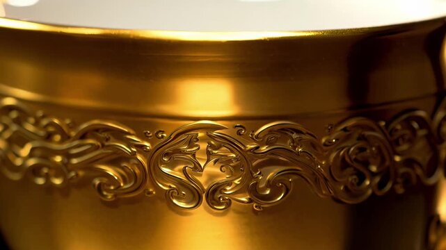 A gold bowl with a gold rim. The bowl is very shiny and has a gold design on it.
