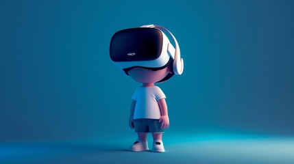 A 3D-rendered image of a child standing and wearing a virtual reality headset, set against a blue background symbolizing modern technology and innovation.