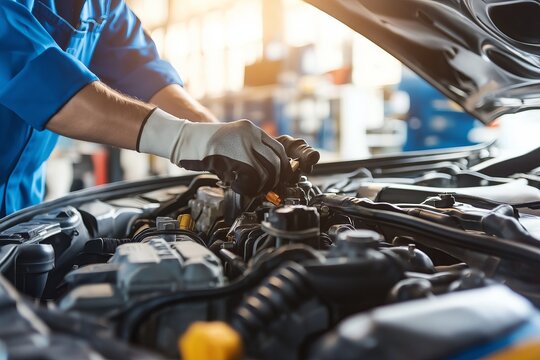 mechanics hands. auto mechanic working with car engine auto service center