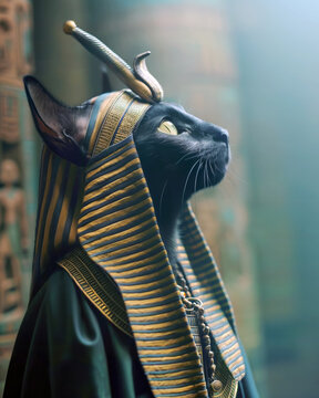 Close-up of ancient Egyptian cat goddess Bastet wearing a pharaoh headdress, looking up in a temple