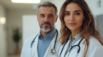 In a bright, clinical setting, a male and female doctor are shown in white coats with stethoscopes around their necks. They are positioned in front of a plain backdrop, which allows for clear copy