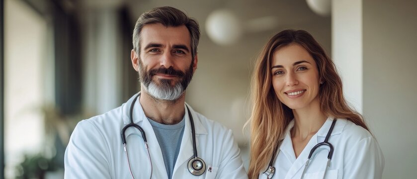 A male and female doctor are pictured standing side by side, both wearing white coats and stethoscopes. They are posed against a clean, neutral background with plenty of copy space for additional