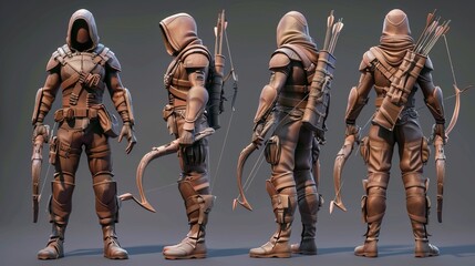 A highly detailed 3D model of an archer character shown from multiple perspectives, showcasing intricate design elements, equipment, and poses reflecting preparedness and strategy.