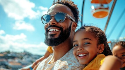 34. Photorealistic family riding a Ferris wheel, the parents and children looking out at the view, smiles and excitement everywhere