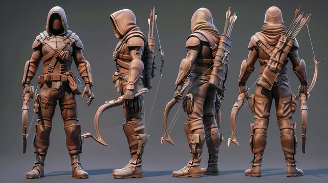A highly detailed 3D model of an archer character shown from multiple perspectives, showcasing intricate design elements, equipment, and poses reflecting preparedness and strategy.