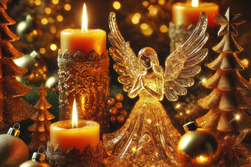 Weihnachtliches Stillleben: Tischdekoration mit festlichem Weihnachtsengel im goldenen Kerzenschein