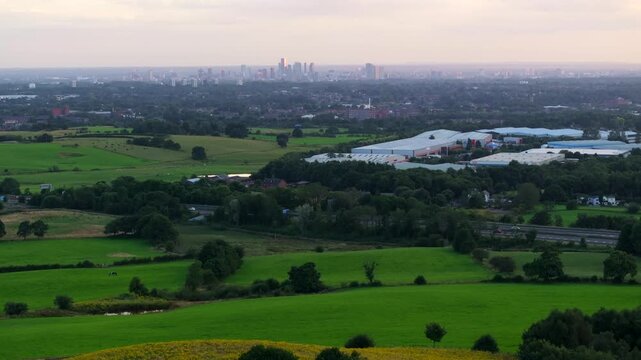Aerial view of Manchester skyline from Tandle Hill in Oldham. 