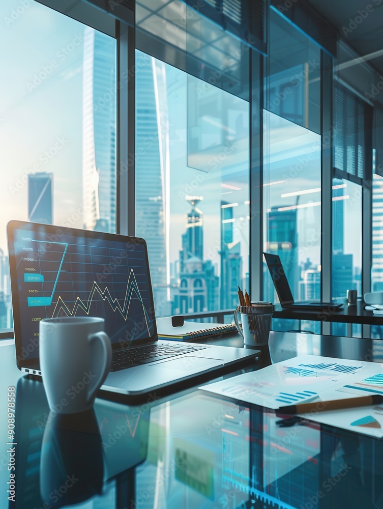 Fototapete A sleek workspace features a laptop displaying graphs, a coffee mug, and city views as golden light streams through expansive windows. Generative AI