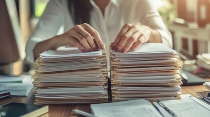 Pile of unfinished documents on office desk with businesswoman background