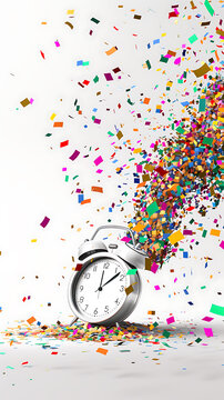 A silver alarm clock with colorful confetti exploding out of it, representing celebration, joy, and new beginnings. 