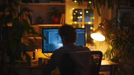 Fototapeta premium Late-Night Work: Dedicated Person Illuminated by Computer Screen Glow