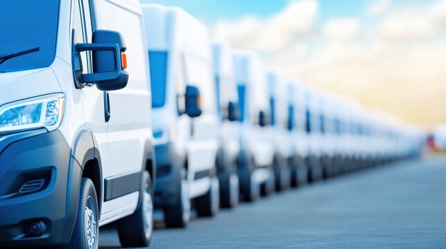 A fleet of white delivery vans lined up on a sunny day, ready for transportation and logistics services. Ideal for business and industry use.