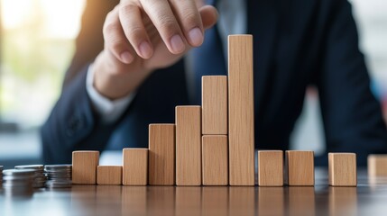 Businessman stacking wooden blocks to represent success and growth in business concept, highlighting strategy and financial planning.