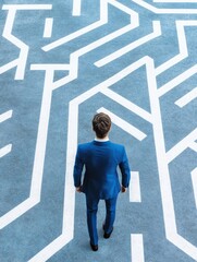 Businessman navigating through a complex maze, symbolizing decision-making and challenges in a corporate environment.