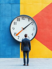 Businessman standing in front of large clock on colorful wall, symbolizing time management, deadlines, and productivity in a modern setting.