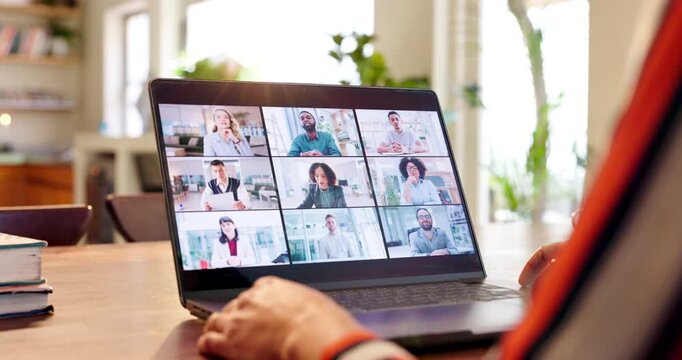Business woman, laptop and screen with video call for virtual meeting, online collaboration or interaction at home. Female person, hand and wave in remote work with computer for team communication