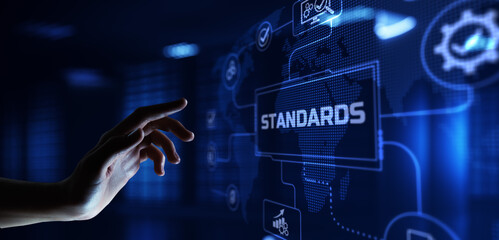 Standard standardization certification quality control assurance. Hand pressing button on virtual...