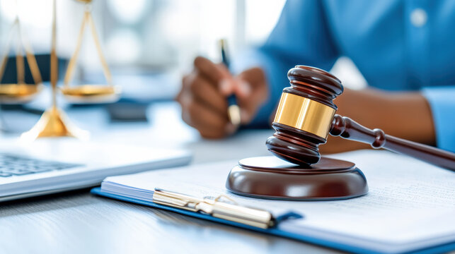 Close-up of a gavel next to legal documents and scales of justice on a desk, symbolizing law and justice.