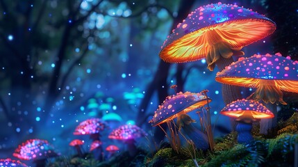 Brightly glowing mushrooms emit a neon light in a dense, enchanted forest scene, their intricate details highlighted by an ethereal array of colors, captivating and serene.