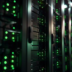 Network Servers Illuminated With Green Lights in a Data Center at Night