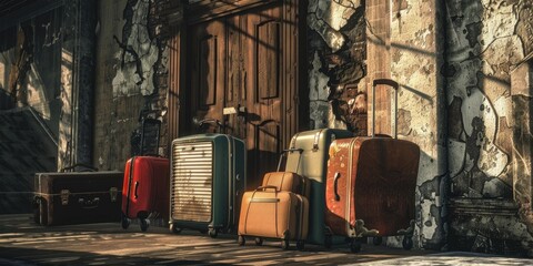 Fototapeta premium Stack of Old Suitcases in Dark Room