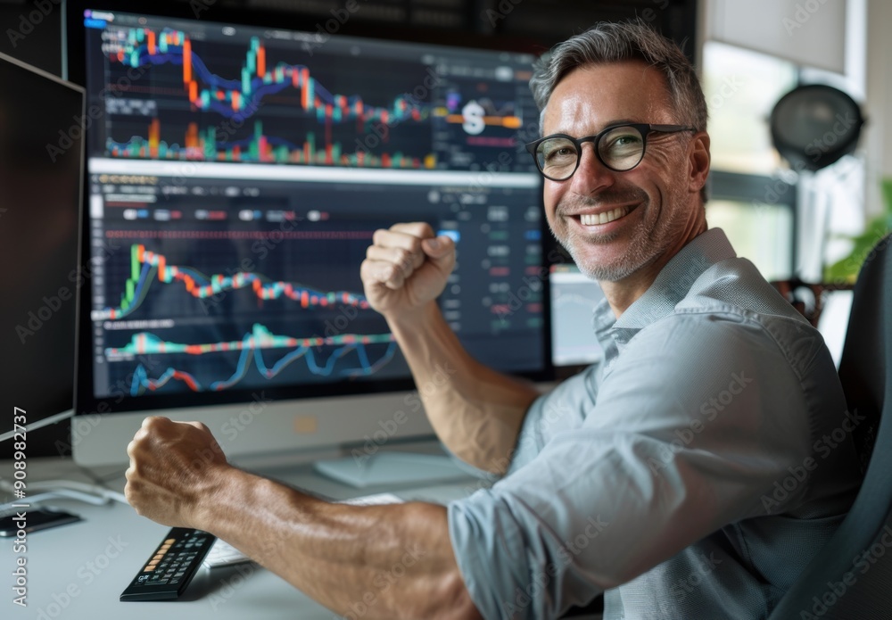 Aufkleber a middle-aged man with glasses is sitting at his desk in front of the computer, smiling and looking 