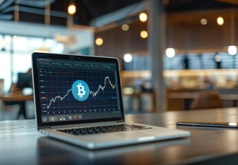 Laptop displaying an AI-generated digital crypto chart with the Bitcoin logo on its screen, set against a blurred background of business office space. Scene conveys high-tech and financial elements