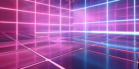 Neon pink and blue glowing lines on a reflective tiled floor create a futuristic, vibrant, and energetic atmosphere. 