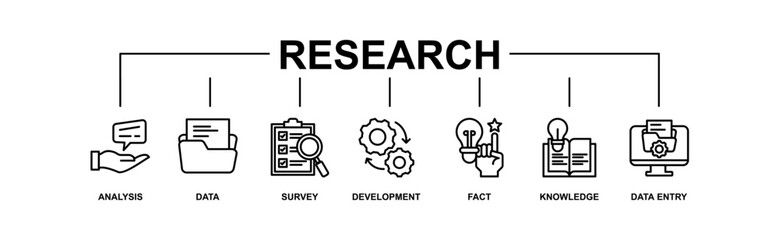 Research banner web icon vector illustration concept with icon of analysis, data, survey, development, fact, knowledge and data entry