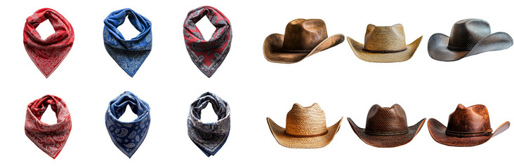 Cowboy Essentials: A collection of six classic cowboy bandanas and six cowboy hats, showcasing a variety of colors and styles. Perfect for fashion inspiration, western-themed events, or any project re