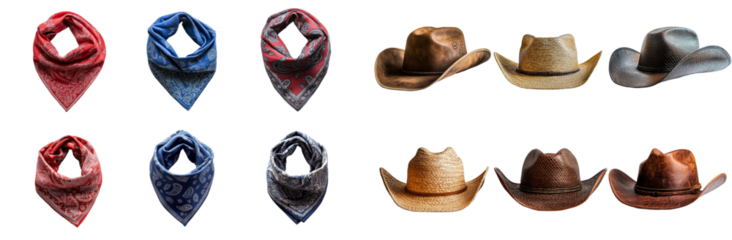Cowboy Essentials: A collection of six classic cowboy bandanas and six cowboy hats, showcasing a variety of colors and styles. Perfect for fashion inspiration, western-themed events, or any project re