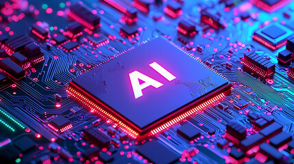 AI, artificial intelligence, powerful computer processor microchip with the word representing artificial intelligence, AI technology