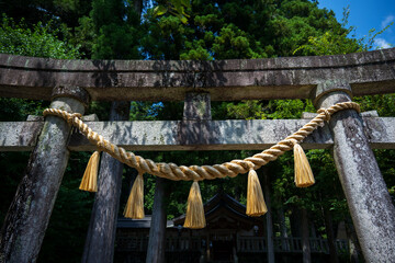 神社の鳥居にかけられた大きなしめ縄