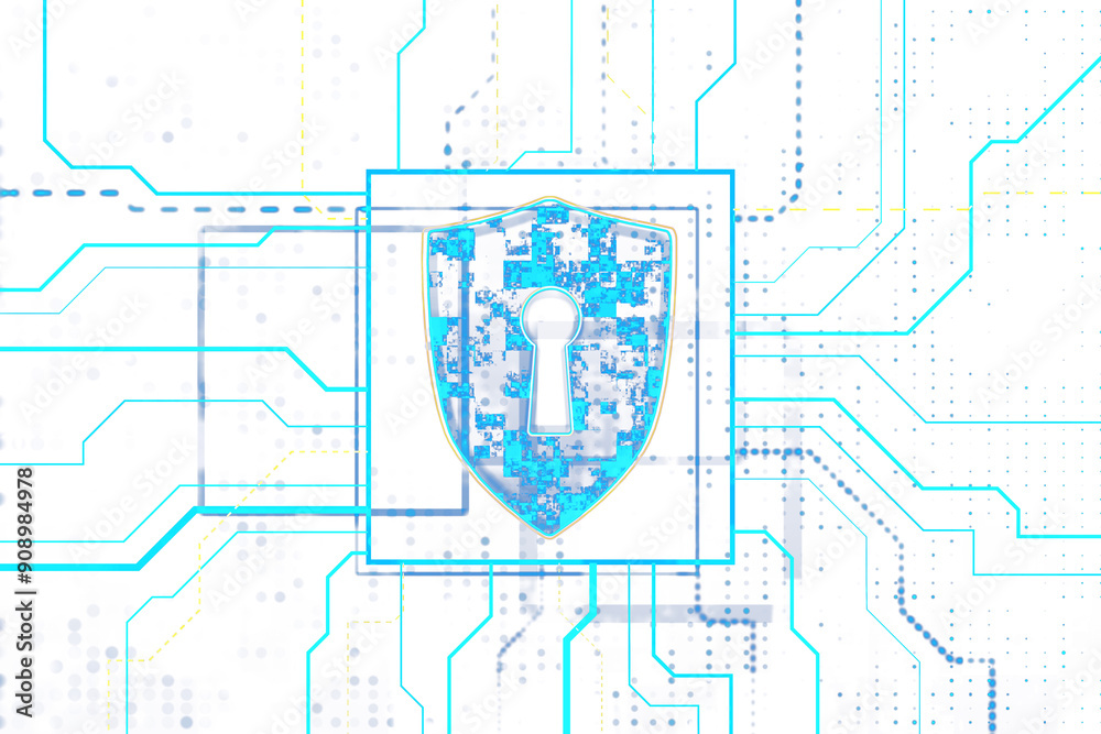 Poster A digital shield with a keyhole in the center, circuit patterns, white background, concept of digital security and protection, 3D Rendering