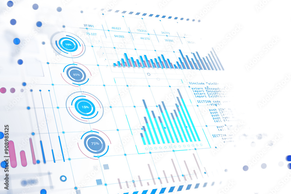 Fototapete A 3D rendering of financial charts and data visualizations on a white background, depicting business and market growth concepts