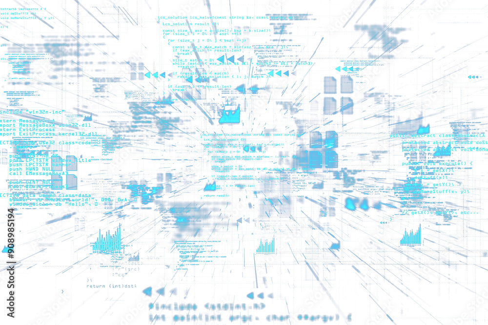 Aufkleber Abstract 3D rendering of data analysis with blue code and graphs on a white background. Concept of cloud technology and big data analysis