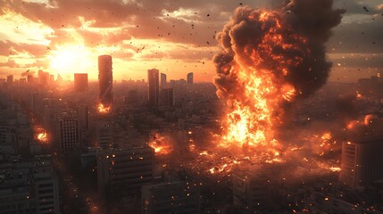 Obraz premium A city destroyed with giant explosion