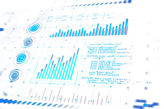 Financial data chart with bars and graphs overlaid with code, isolated on a white background. Concept of data analysis and technology. 3D Rendering