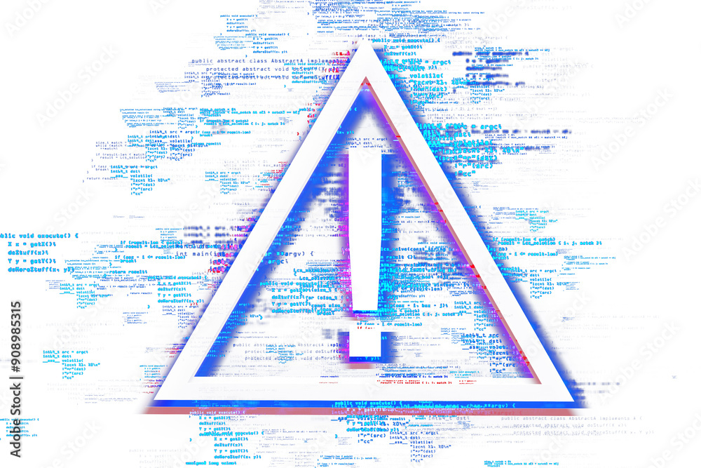 Poster Digital warning icon with an exclamation mark overlaid on a blurred background of computer code, representing cybersecurity threats. 3D Rendering