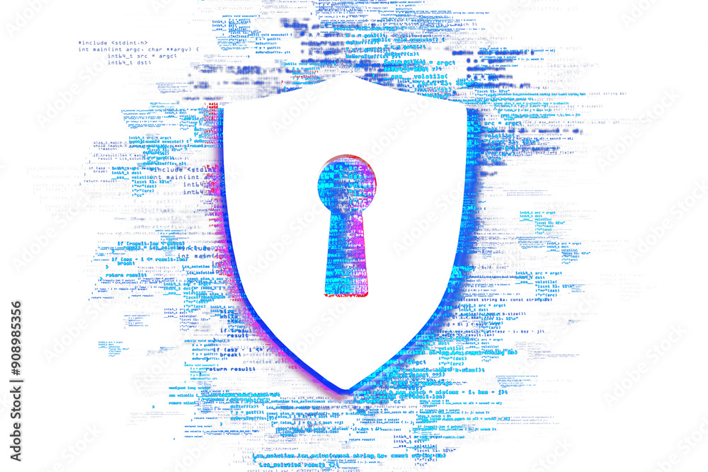 Leinwandbilder Shield icon with keyhole surrounded by digital code on a white background. Concept of cybersecurity and data protection. 3D Rendering