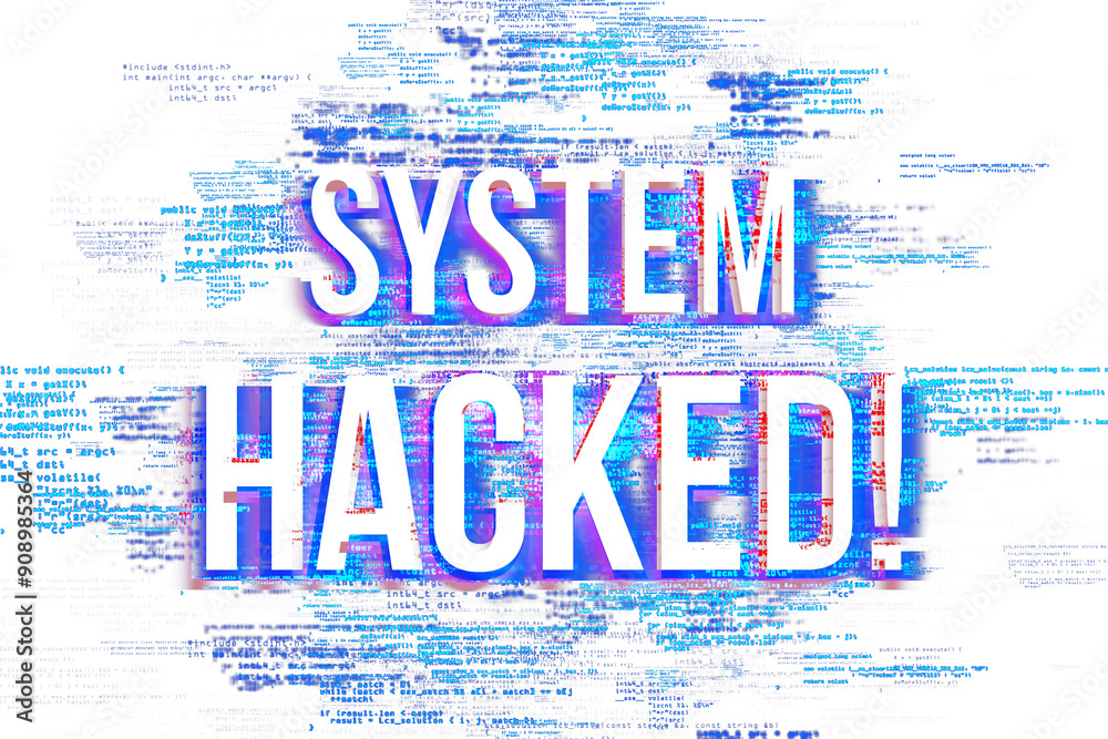 Poster SYSTEM HACKED text with glitch effect on digital code background. Concept of cyber attack, hacking, and malware. 3D Rendering