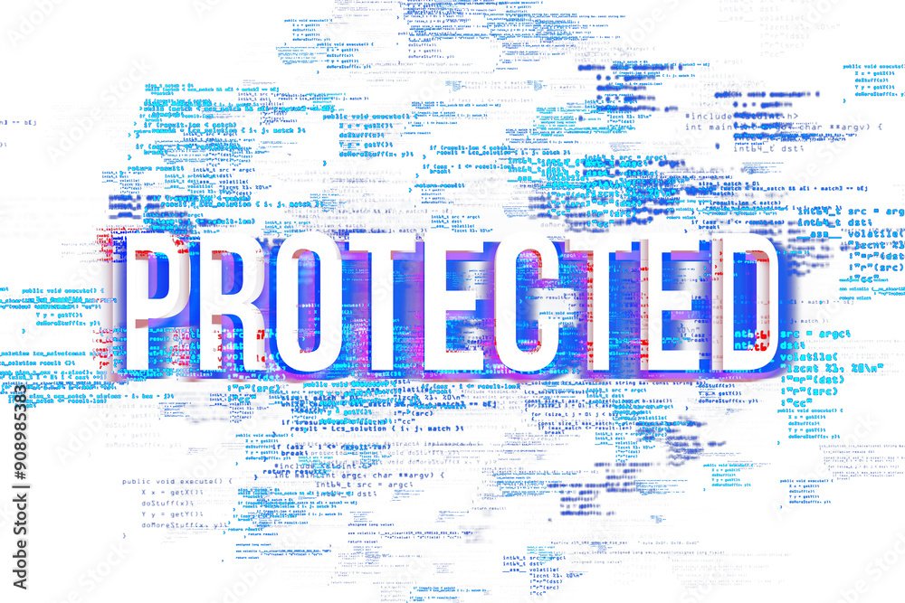 Poster PROTECTED text overlaid on a background of blue and red code snippets. Concept of digital security on white background. 3D Rendering