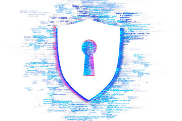 Shield icon with keyhole surrounded by digital code on a white background. Concept of cybersecurity and data protection. 3D Rendering