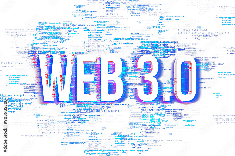 Aufkleber Large WEB 3. 0 text overlaid on a background of blue and red code, highlighting the concept of virtual and decentralized technology. 3D Rendering