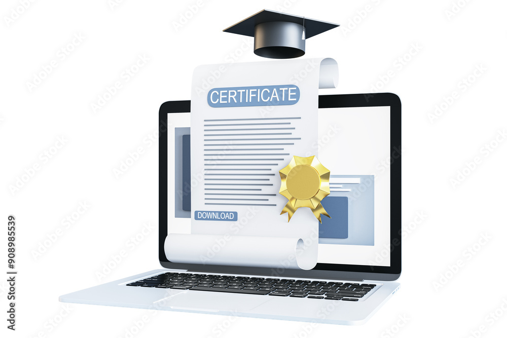 Poster digital certificate emerging from a laptop screen, adorned with a golden seal and a graduation cap, 