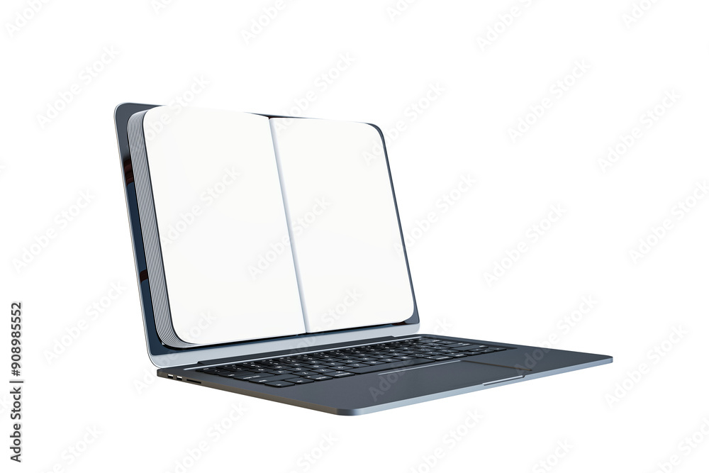 Poster open laptop with blank book pages instead of a screen, isolated on white background. concept of digi