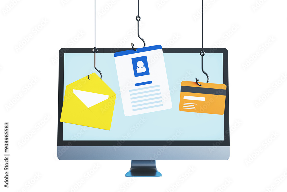 Aufkleber computer screen with phishing hooks holding an email, id card, and credit card. isolated on a white 